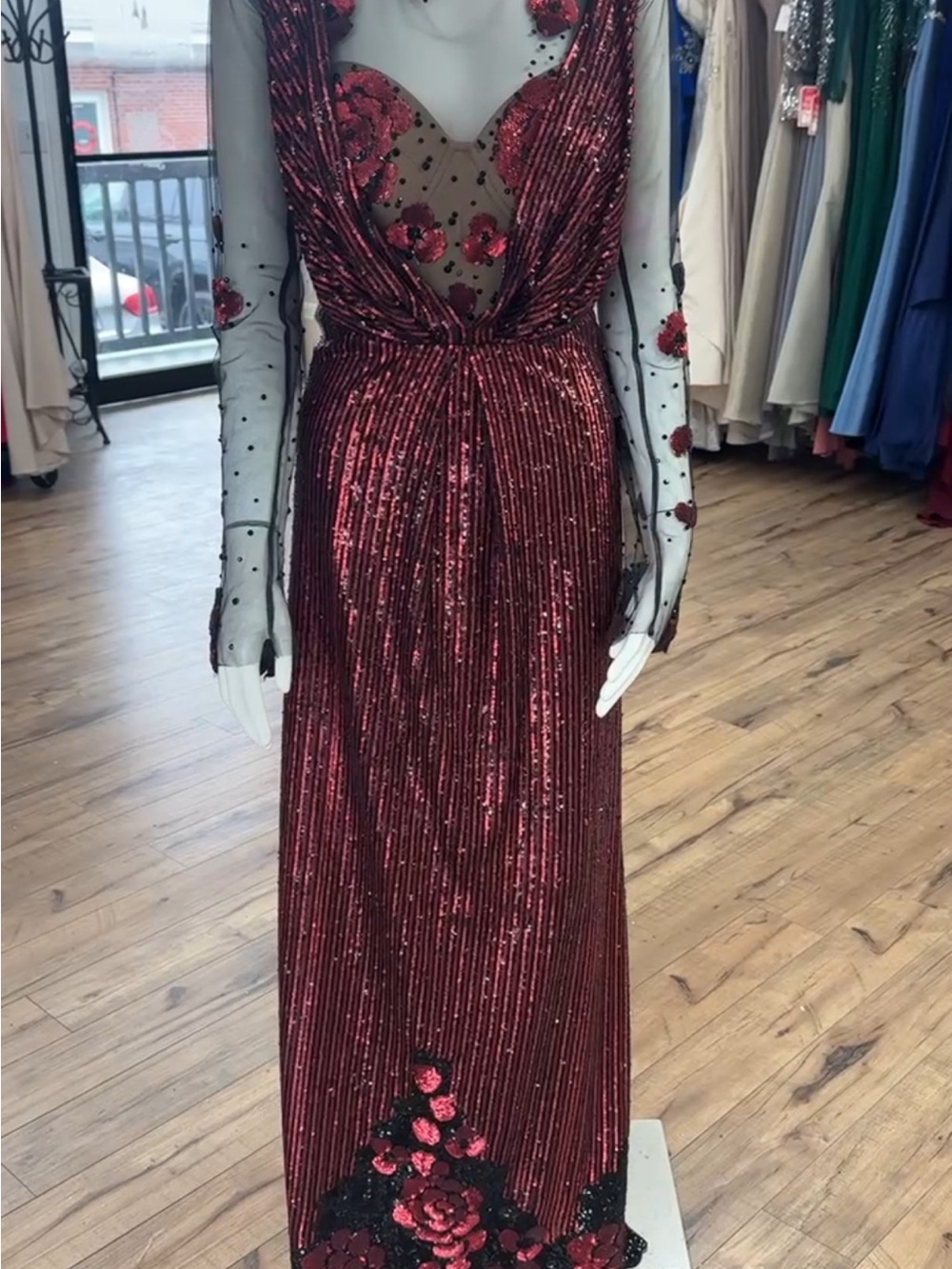 Red Sequin Long Sleeve Evening Gown with Floral Appliqués